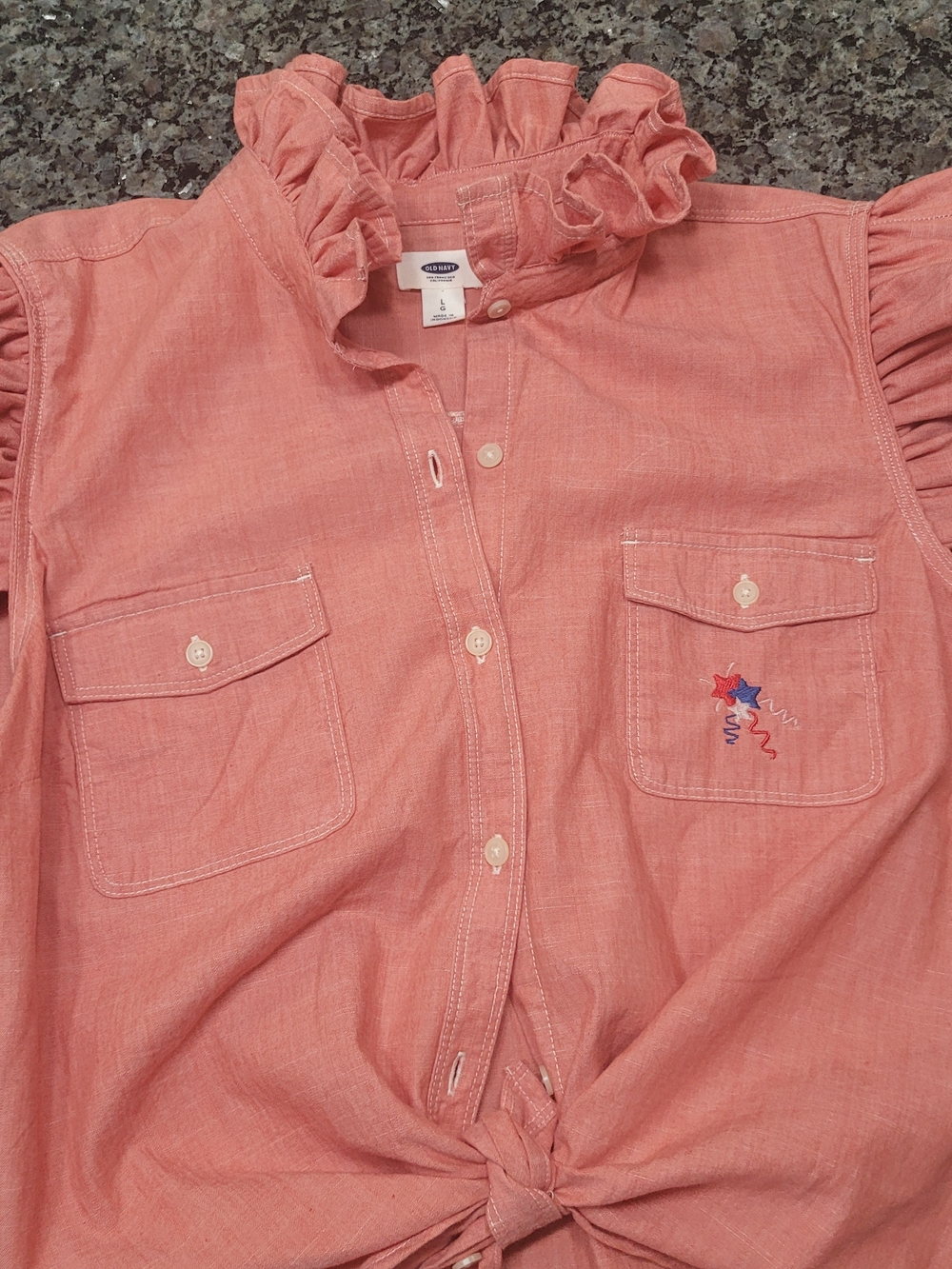 Old Navy Distressed Red Ruffle-Collar Button-Down Shirt